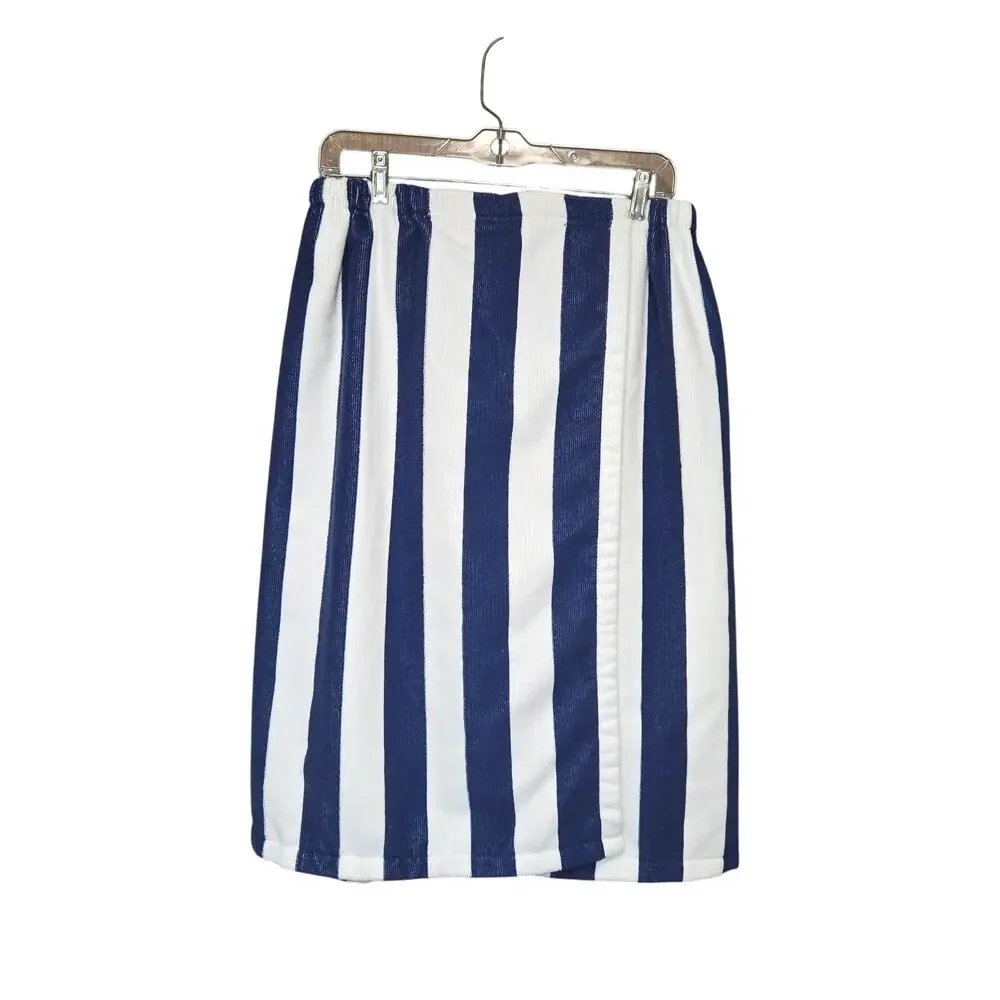 Saks Fifth Avenue Wrap Bath Towel Hook and Loop‎ Terry Cloth Striped Blue White